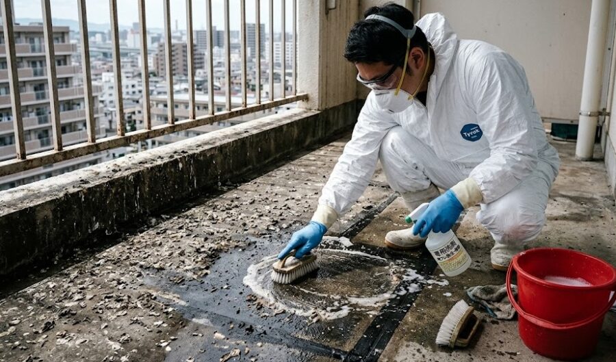 鳩のフンを専用洗剤で清掃・除菌する様子