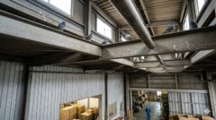 宇美町の倉庫の天井付近にある鉄骨構造。ハトが雨風をしのげる梁や配管の上に多数止まっており、繁殖に適した環境であることを示している。