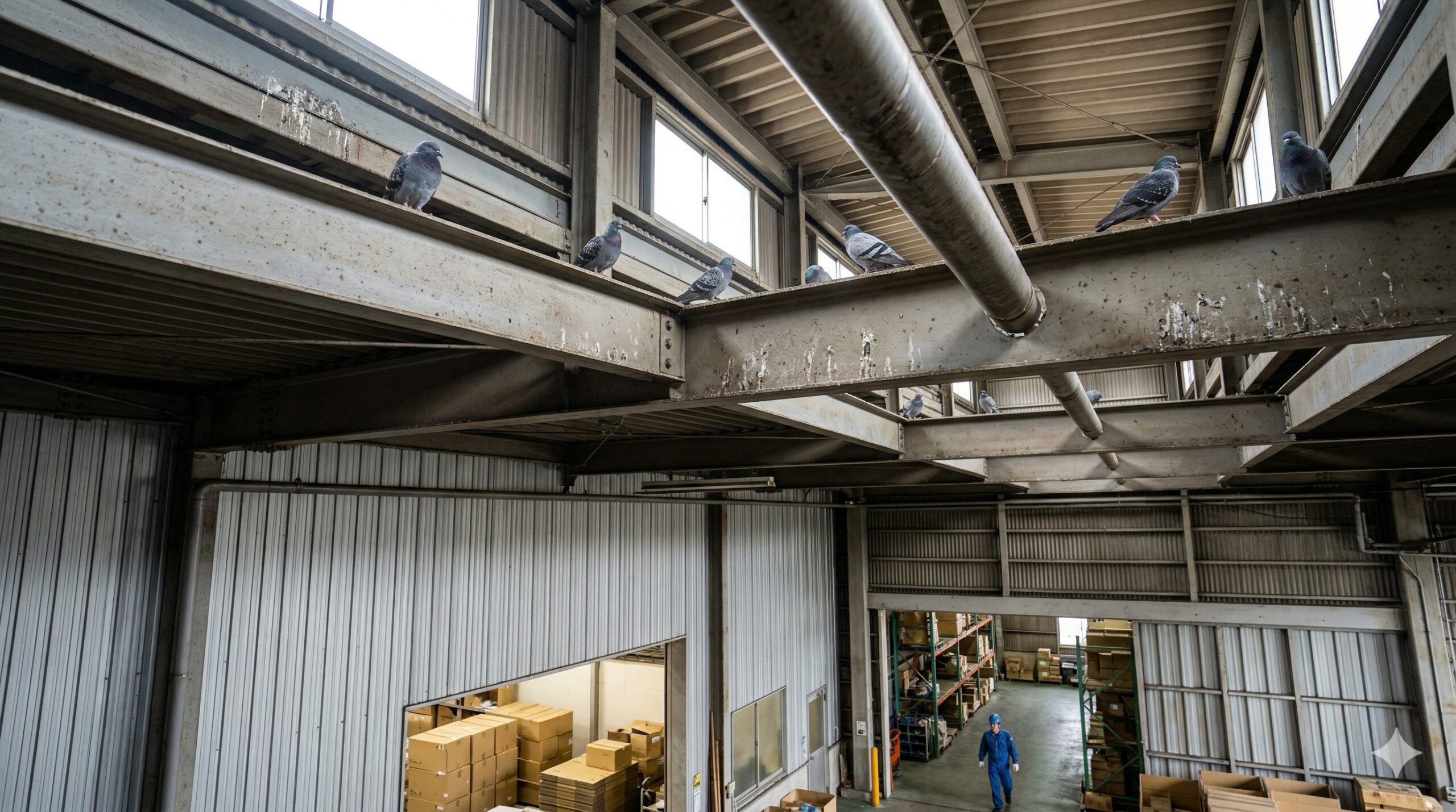 宇美町の倉庫の天井付近にある鉄骨構造。ハトが雨風をしのげる梁や配管の上に多数止まっており、繁殖に適した環境であることを示している。