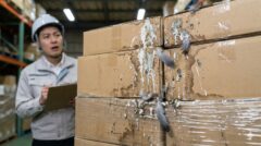 倉庫内の保管商品に付着したハトのフン被害。強酸性のフンによって段ボールや梱包資材が汚損・腐食し、商品価値が低下している。