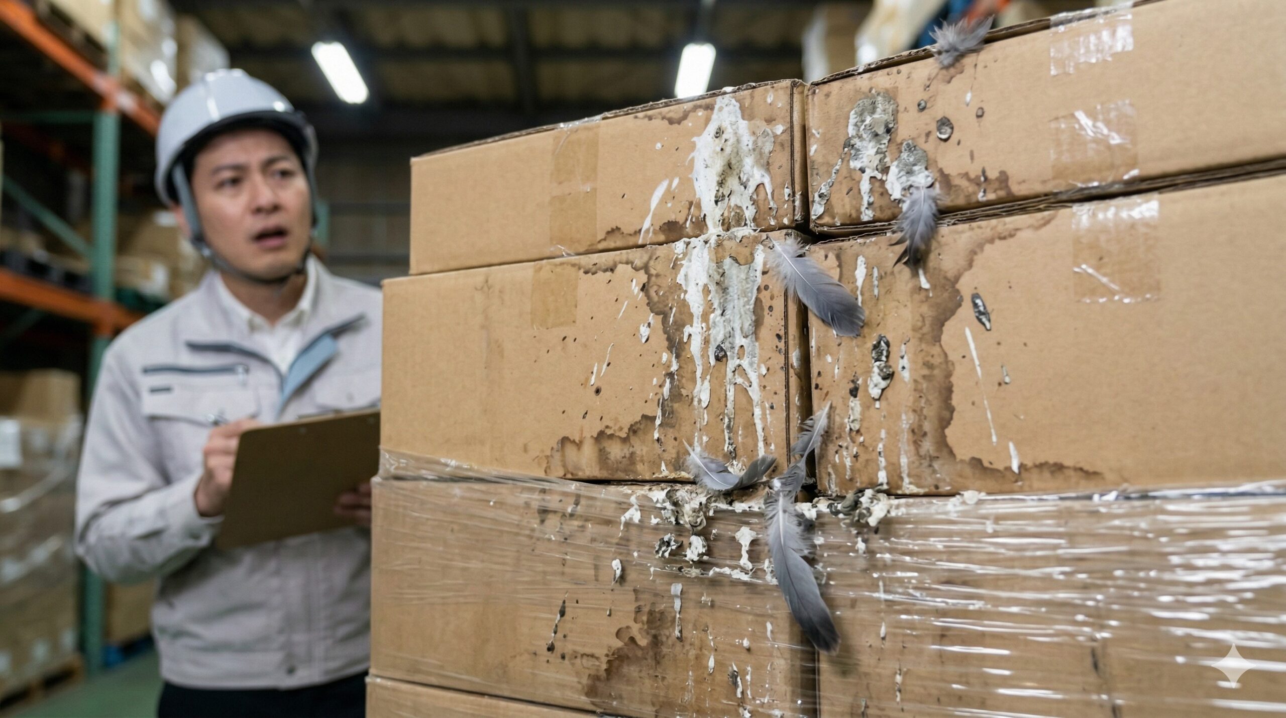 倉庫内の保管商品に付着したハトのフン被害。強酸性のフンによって段ボールや梱包資材が汚損・腐食し、商品価値が低下している。