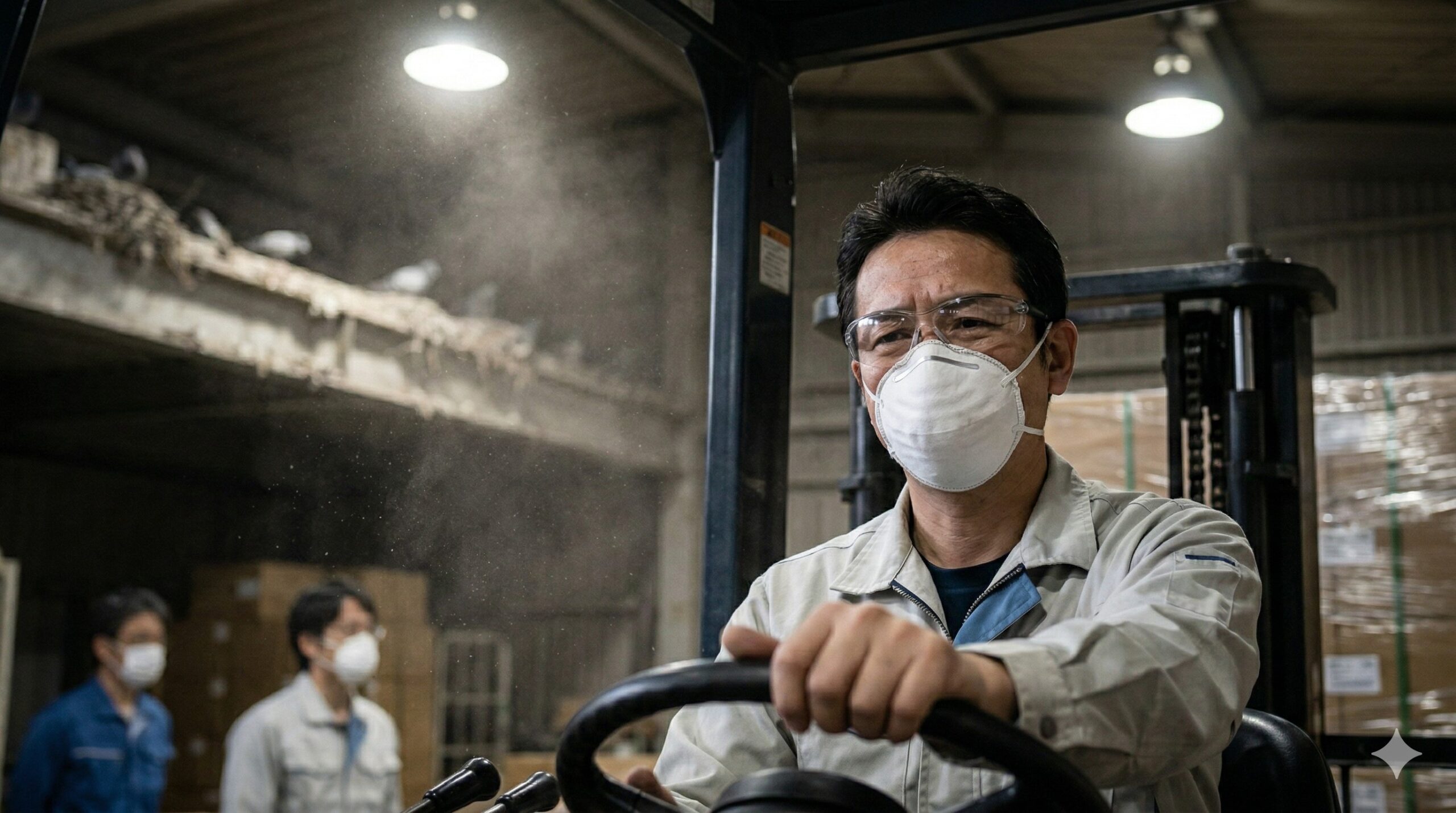 倉庫内でフォークリフトを運転する従業員。乾燥して粉塵となったハトのフンが空気中に舞い上がり、マスクをしていても健康被害のリスクがある衛生環境を示している。