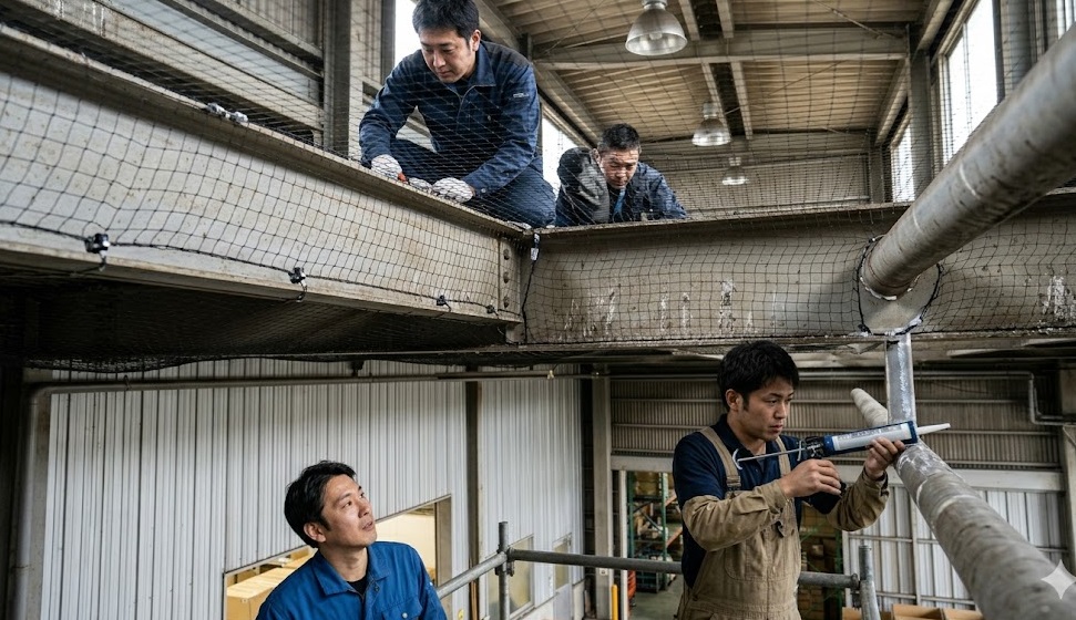 倉庫の複雑な鉄骨構造にミリ単位の隙間もなく張り巡らされたプロ仕様の防鳥ネット。ハトの帰巣本能を断ち切り、再発を完全に防ぐ施工。