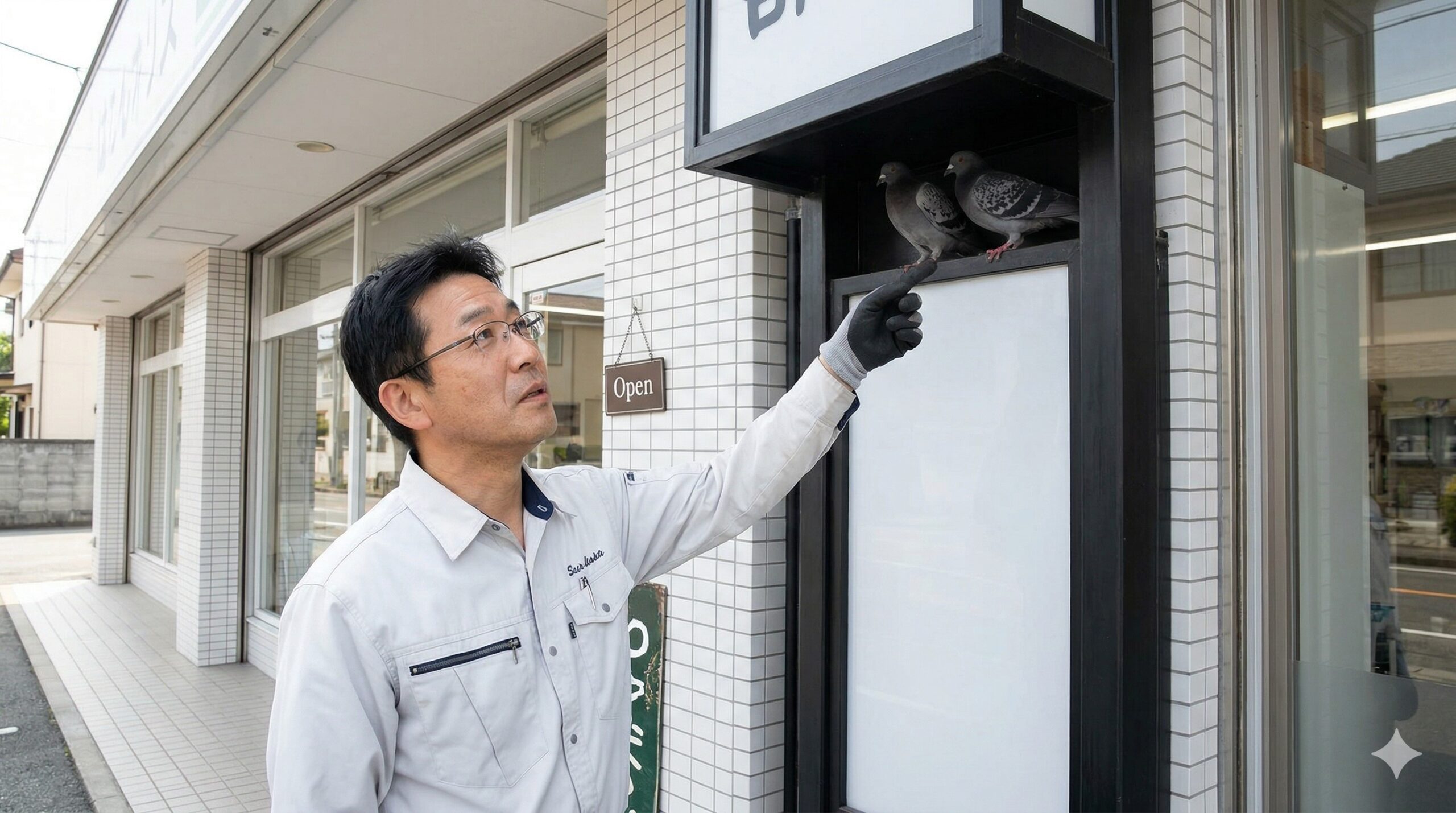 篠栗町の店舗オーナーが、軒下の狭い隙間に居着いたハトの巣を見つけ、心配そうに指差している様子。