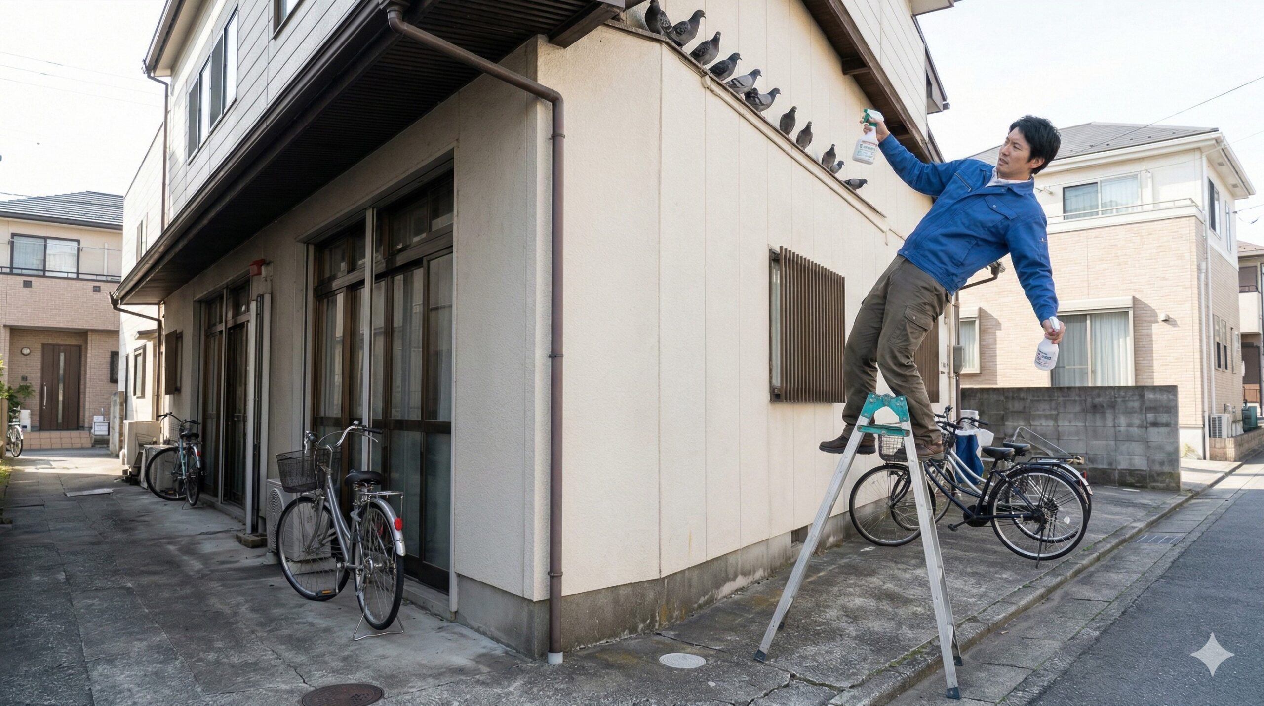 篠栗町の店舗で、不慣れな男性従業員が高所のハト対策中に、ぐらつく脚立の上でバランスを崩しそうになっている危険な瞬間。