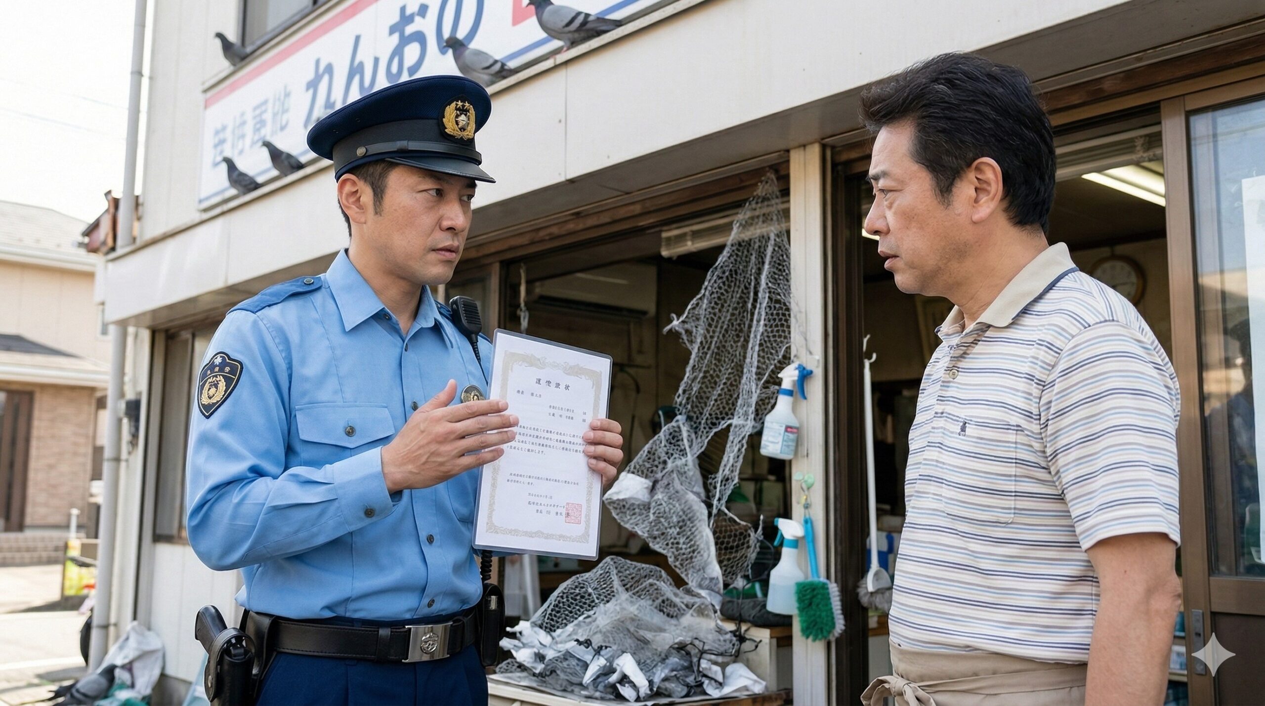 篠栗町の店舗で、警察官が店主に鳥獣保護管理法の重要書類を提示し、許可なきハト駆除の違法性について厳粛に説明している場面。