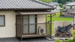 須恵町の一軒家で、ベランダの軒下にある室外機付近にハトが留まり、巣作りのために枝を運んでいる様子。ハトにとって理想的な環境であることを示す。
