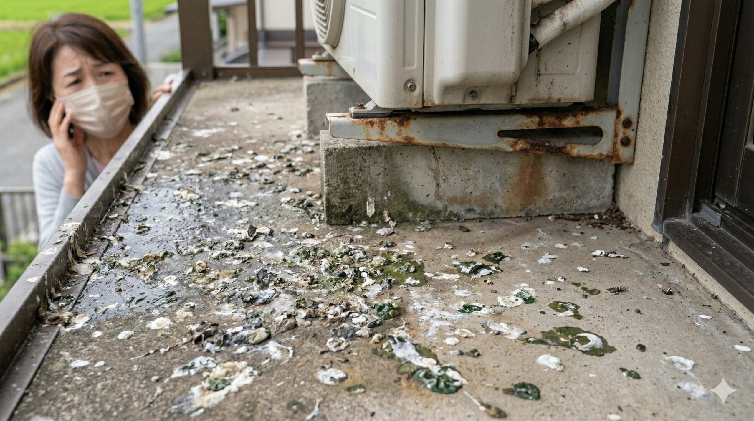 須恵町の一軒家で、ハトのフンが大量に堆積し、コンクリートが腐食し始めているベランダの床。汚染による健康被害と建物劣化の深刻さを強調。