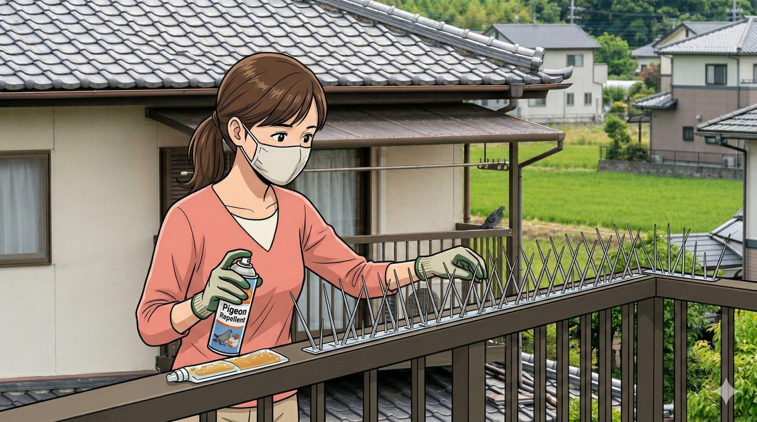 須恵町の一軒家で、日本人女性がベランダの手すりに防鳥スパイクを取り付け、忌避剤スプレーを使用してハト対策を行う様子。