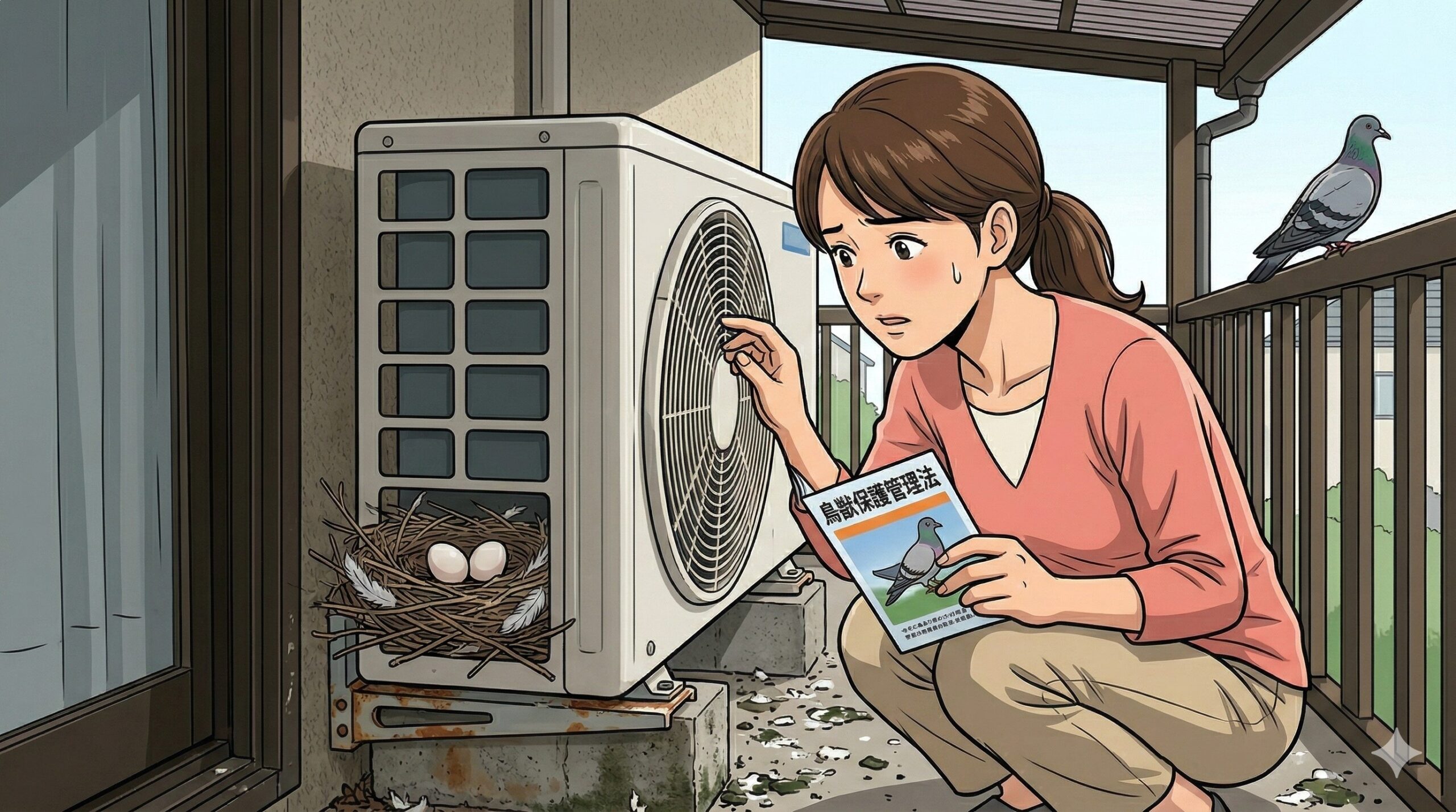 須恵町の一軒家で、日本人女性がベランダの室外機裏に作られたハトの巣(卵あり)を発見し、法律の壁(鳥獣保護管理法)を意識して手を触れずに立ち尽くす様子。