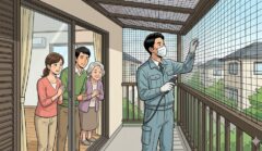 須恵町の一軒家で、日本人女性と家族が室内に立ち、ベランダで専門の害獣駆除業者が防鳥ネットを隙間なく完璧に設置する作業を、安心した表情で見守る様子。再発防止の確実性を示す。