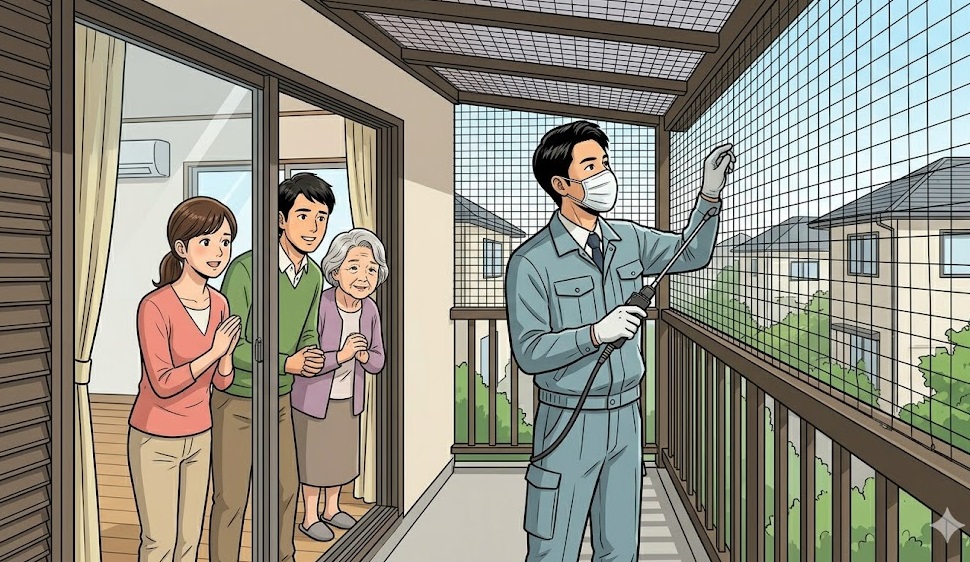 須恵町の一軒家で、日本人女性と家族が室内に立ち、ベランダで専門の害獣駆除業者が防鳥ネットを隙間なく完璧に設置する作業を、安心した表情で見守る様子。再発防止の確実性を示す。