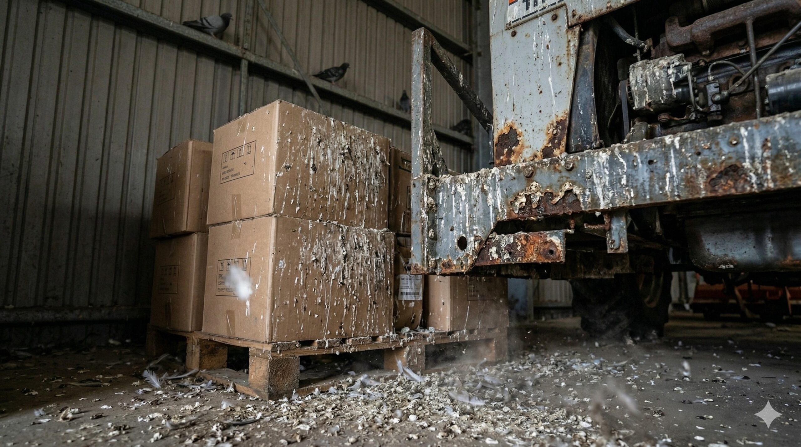 倉庫内でハトのフン被害に遭った段ボール箱や農機具。酸性のフンにより金属が腐食し、商品価値が損なわれている様子。
