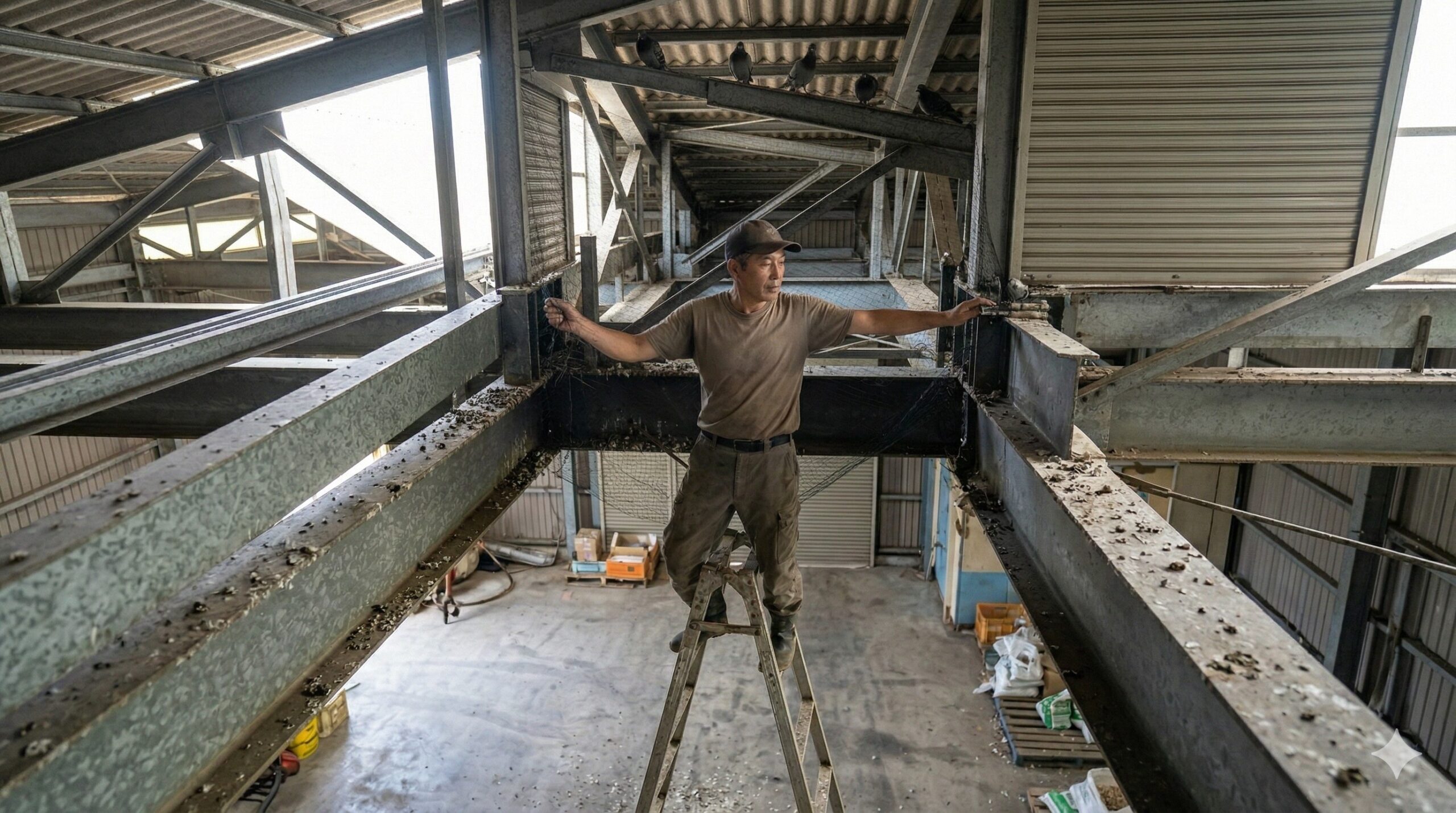 倉庫の高所で、不安定な脚立を使い自力で防鳥ネットを張ろうとする日本人男性。上方の梁にはハトが留まっており、作業の危険性と再発リスクを示唆している。