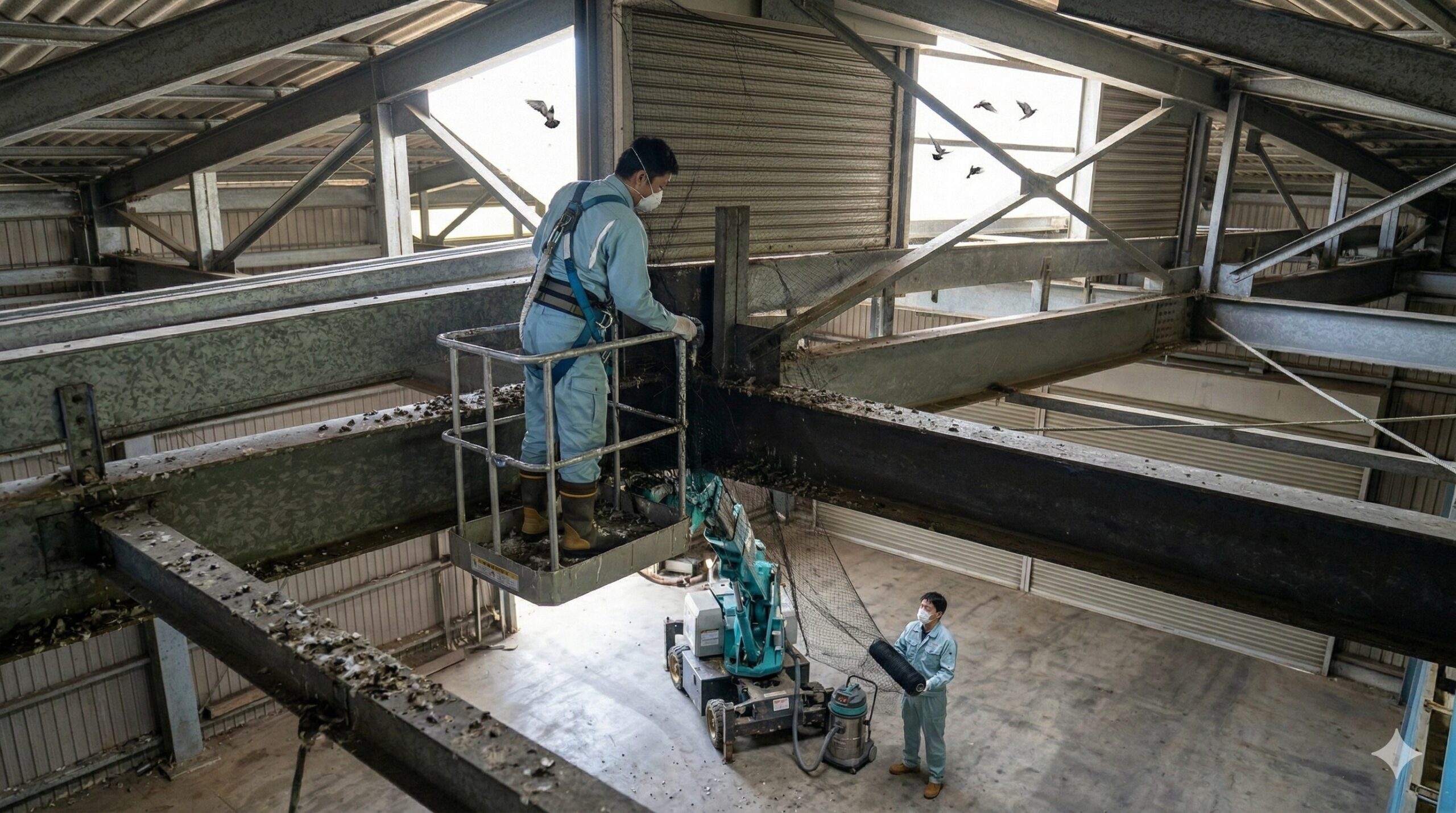 天井の高い倉庫で、高所作業車と安全装備を使いハト駆除作業を行う日本人技術者。防鳥ネットと忌避剤を組み合わせ、ハトを追い出している。