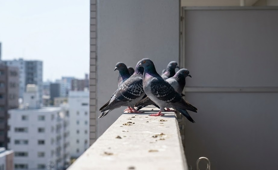 福岡市のビルのコンクリート梁に、昼間から多数のハトが固まって休憩している。一定の場所にフンが溜まり始めており、ハトの「執着度」が「レベル2(待機場所)」または「レベル3(ねぐら)」へと進行している現状を示す、被害の初期段階を捉えた写真。