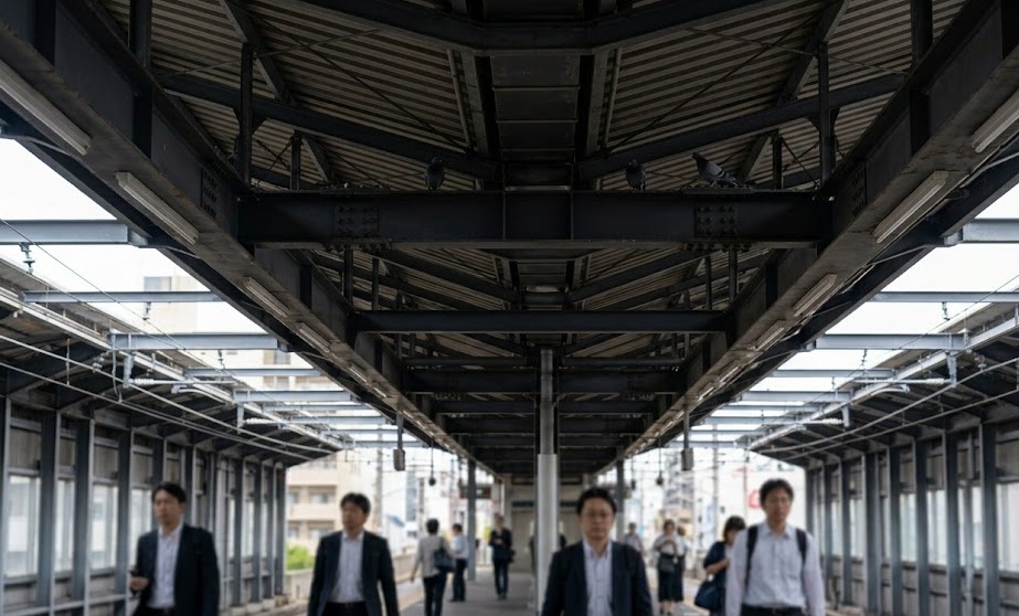 福岡市の駅ホームの屋根を支える複雑に交差する鉄骨・梁(はり)の構造を下から見上げた写真。高所作業車が必要な高さに、ハトが安全に滞在できる死角が多数存在しており、ハトにとって「理想的なマンション」として機能してしまう環境要因を示している。