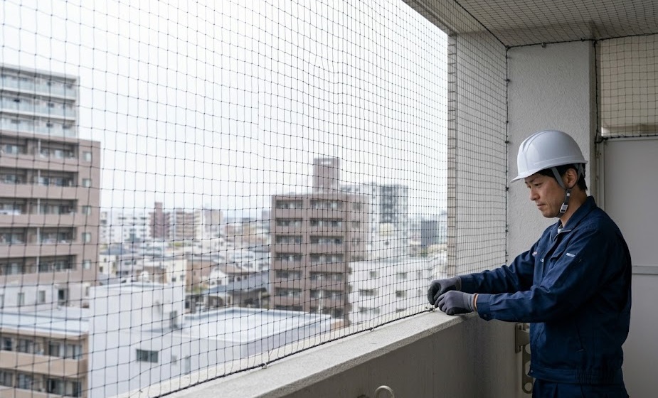 福岡市の高層マンションのベランダで、専門業者が防鳥ネットを隙間なく張っている施工現場の写真。作業員はプロの装備で、細い特殊防鳥ネットを正確に設置しており、執着心の高い「レベル3以上」の現場で求められる、物理的な侵入経路の完全封鎖を実現している。