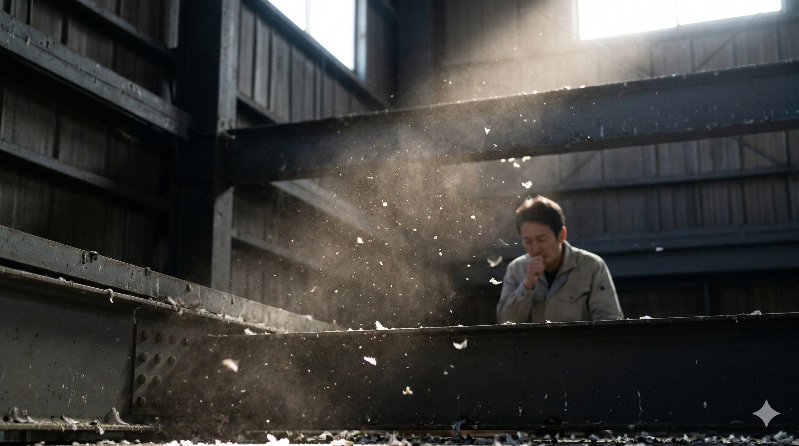 乾燥したハトのフンが粉塵となって舞う、衛生環境の悪い倉庫内。奥では従業員が咳き込んでおり、健康被害のリスクを示唆。