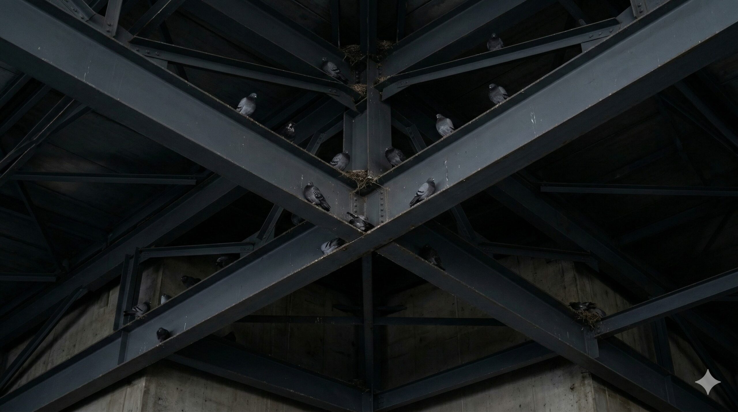 倉庫の高く複雑な天井構造。H鋼の梁や隙間に多数のハトが営巣しており、人手が届かない安全な場所であることを強調。