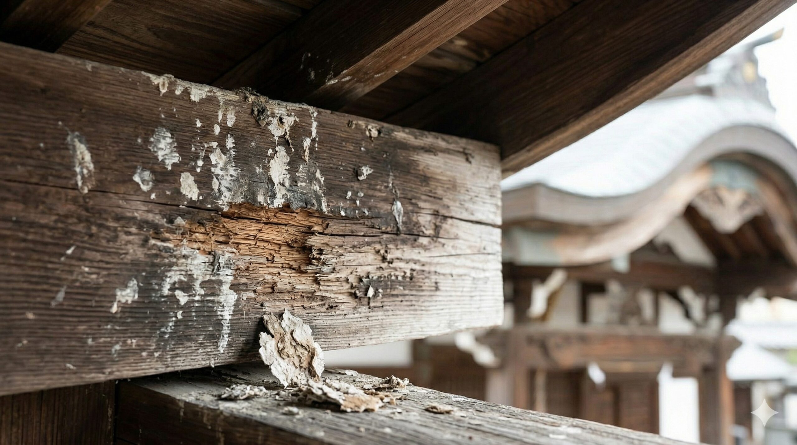 神社本殿の精精巧な木彫り部分。ハトのフンが大量に付着し、酸性成分によって木材がボロボロに腐食し、細部が崩れ落ちている様子。あい営繕が現地調査で目撃した事例。