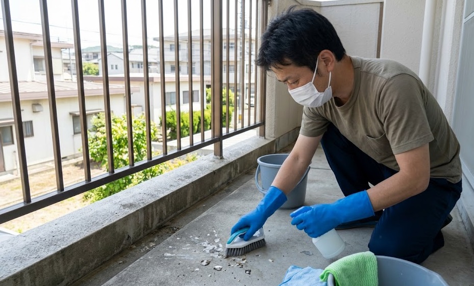 小郡市の住宅のベランダで、マスクと手袋を着用し、ブラシと洗剤を使って一生懸命にハトのフンを掃除する日本人男性