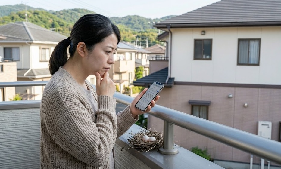 ベランダの隅にあるハトの巣（卵入り）を前に、スマートフォンの画面（法律情報の検索結果）を見ながら悩む日本人女性。自力撤去のリスク