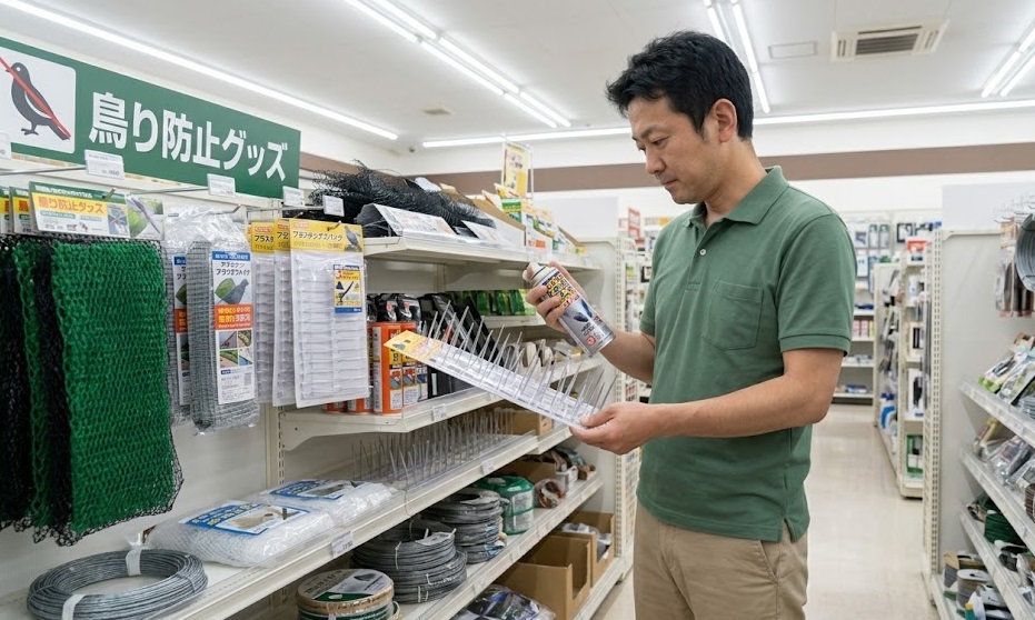小郡市内のホームセンターの防鳥グッズ売り場で、ハト用の忌避スプレーやプラスチック製の剣山（スパイク）を選ぶ日本人男性