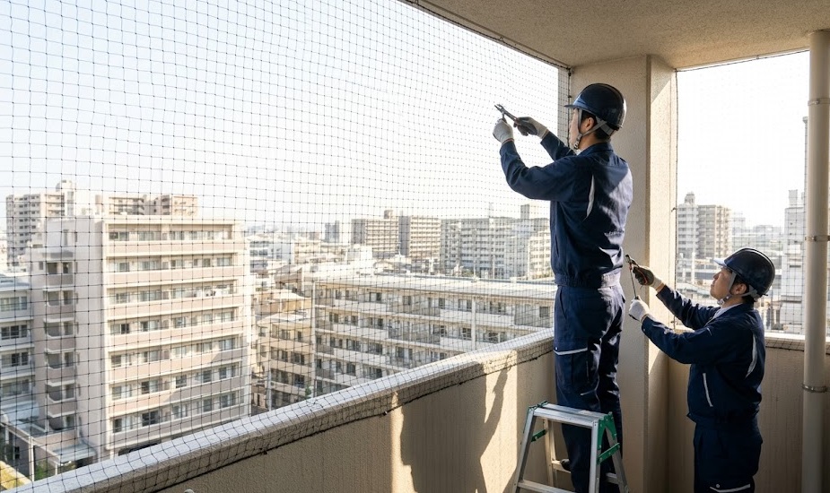 小郡市のマンションのベランダで、業者が専用器具を使い、隙間なく黒色の防鳥ネットを張り巡らせている施工風景