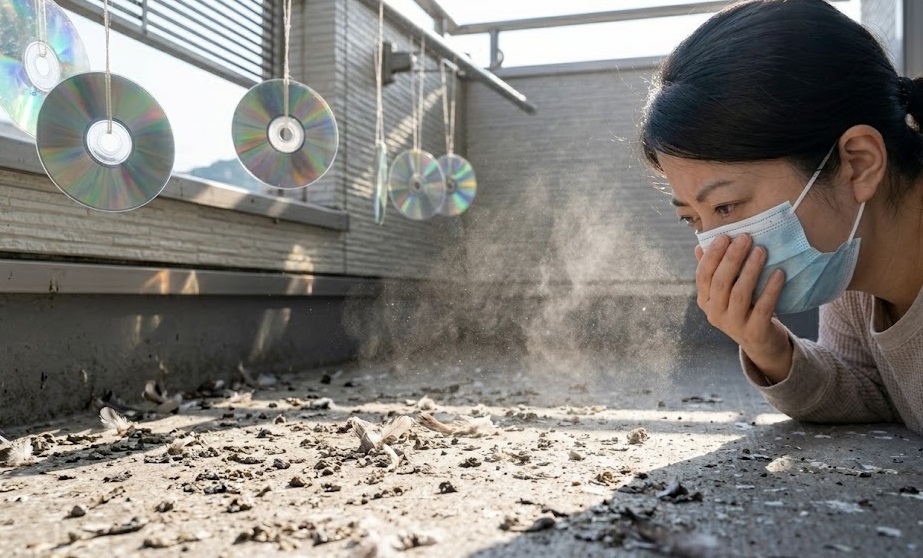 ハトのフンが放置され乾燥したベランダ。フンから舞い上がる塵（カビや病原菌を想起させるイメージ）と、それを吸い込まないように顔を背ける日本人女性