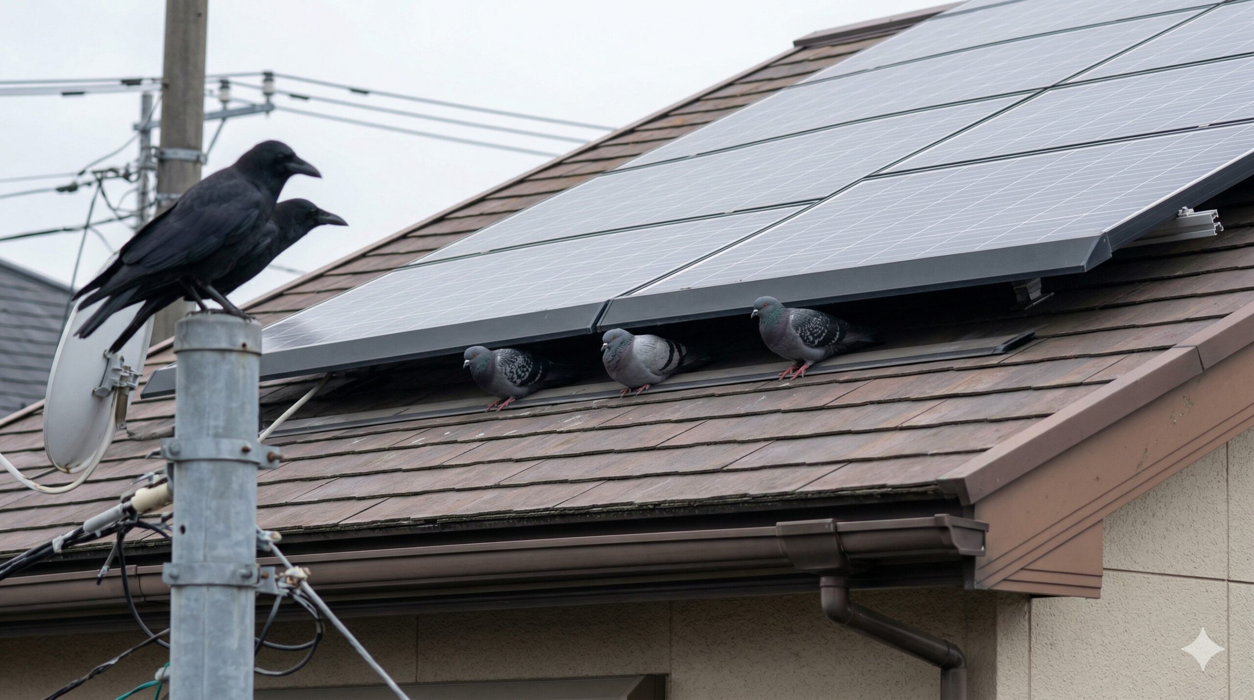 日本の住宅屋根に設置された太陽光パネルのわずかな隙間に、カラスなどの天敵を避けて身を潜める複数のハト。パネルの下が安全な隠れ家となっている様子。