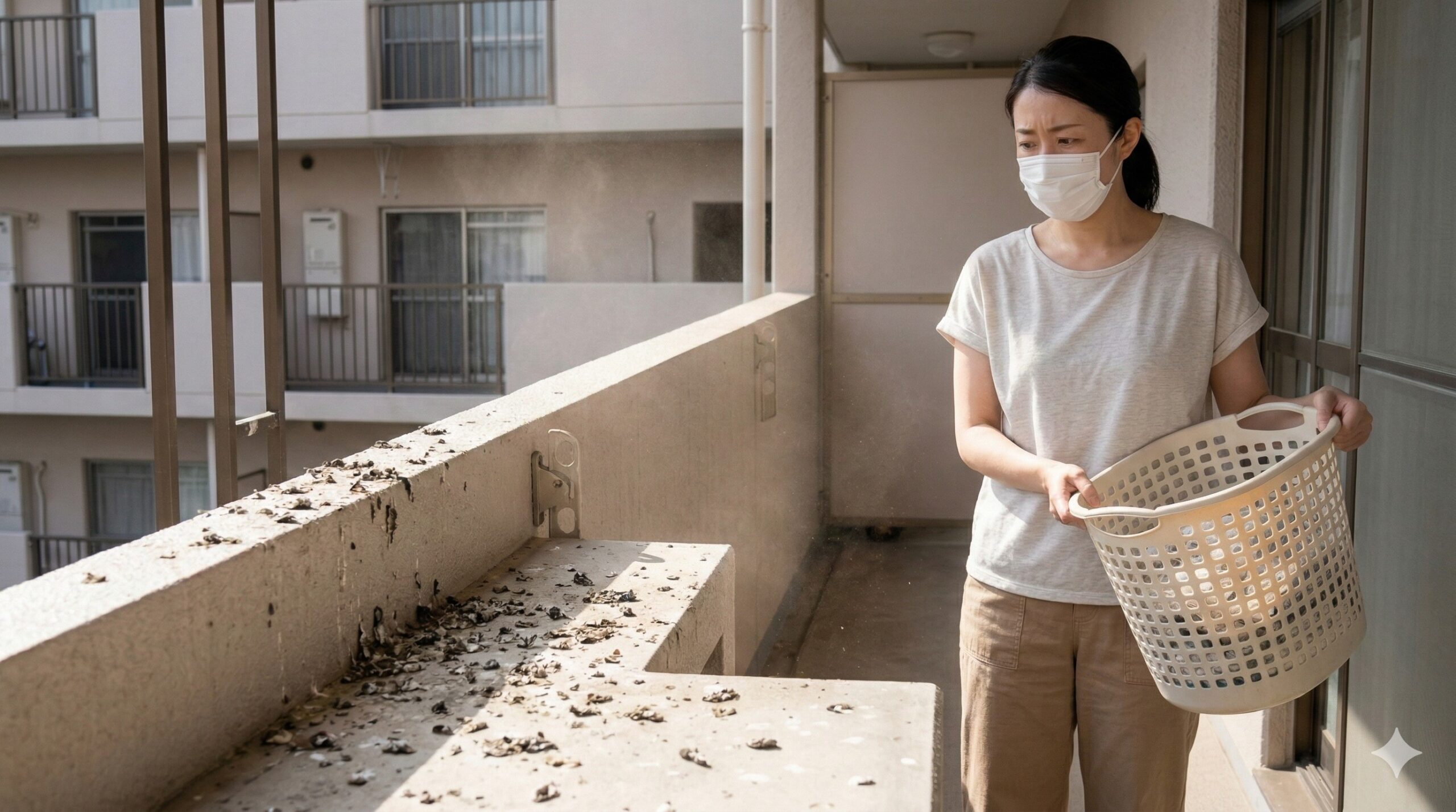 ベランダに溜まった乾燥したハトのフンと、風で舞い上がる様子を気にするマスク姿の日本人女性。フンに含まれる病原菌による健康被害のリスク。