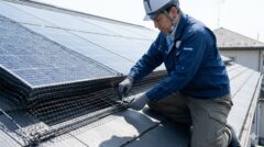 日本人作業員が住宅屋根の太陽光パネルの隙間に、専用の防鳥ネットを隙間なく美しく設置する様子。物理的にハトの侵入を完全に防ぐ根本的な対策。