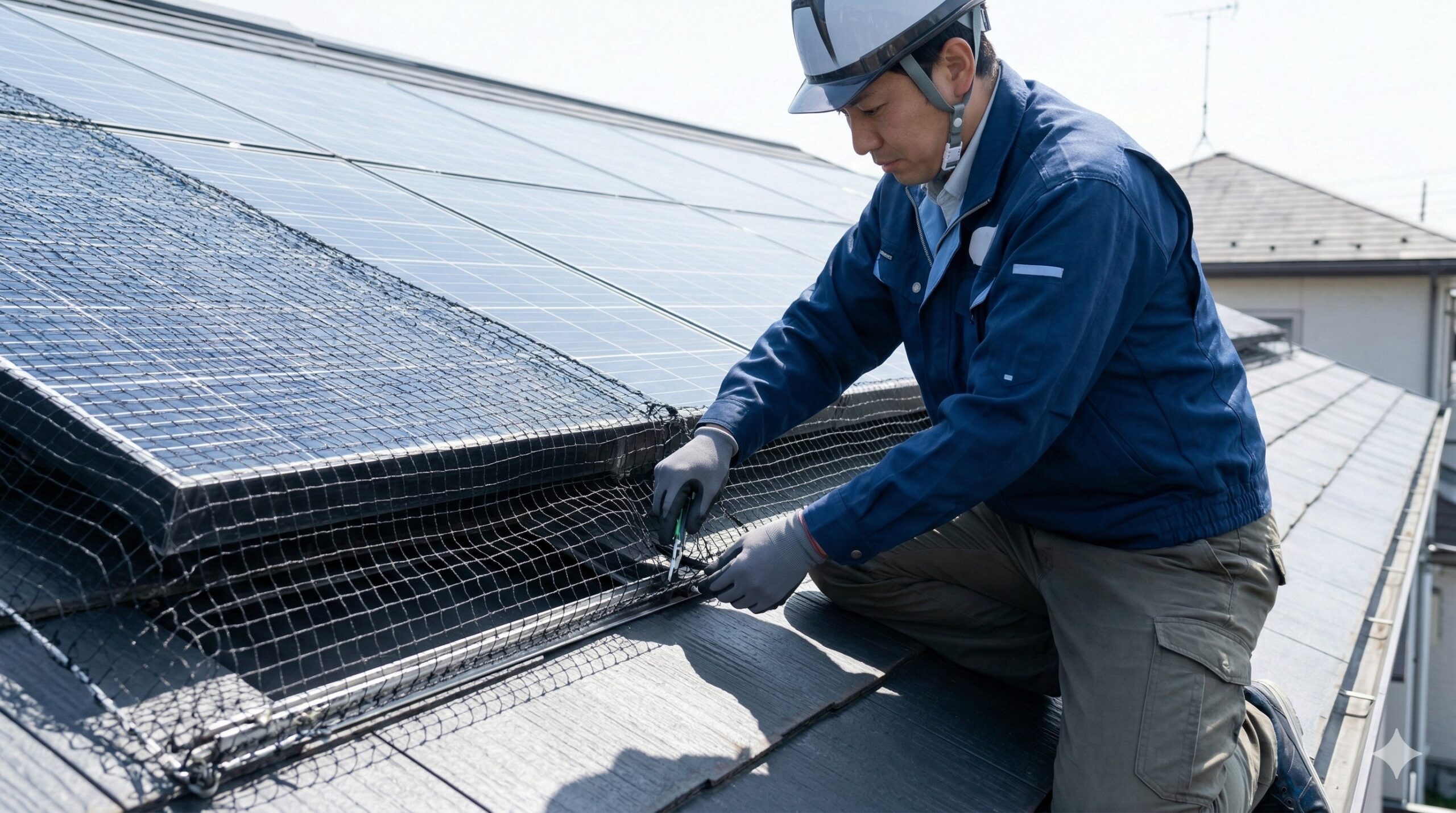 日本人作業員が住宅屋根の太陽光パネルの隙間に、専用の防鳥ネットを隙間なく美しく設置する様子。物理的にハトの侵入を完全に防ぐ根本的な対策。