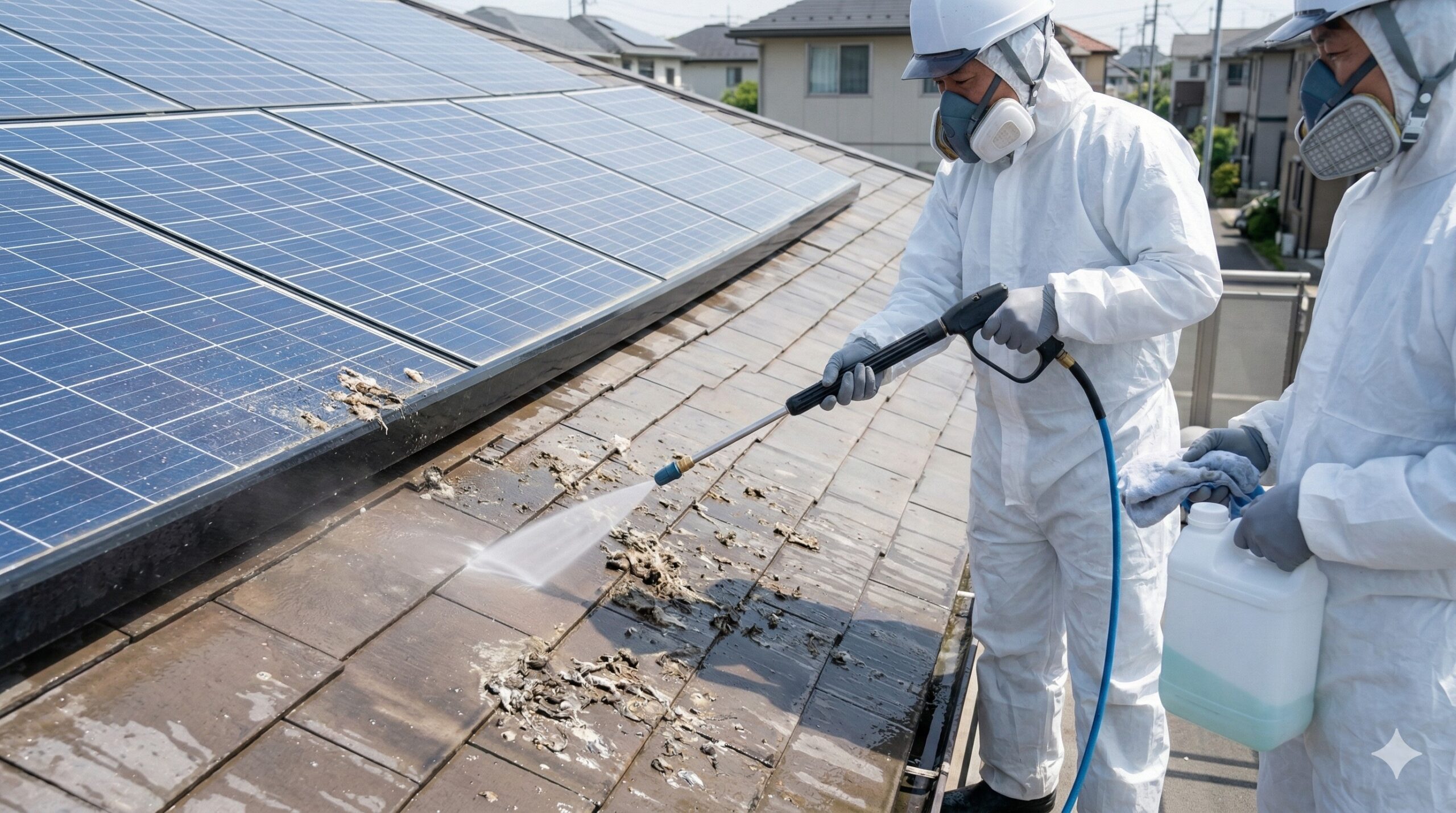 完全防護服を着用した日本人駆除作業員が、太陽光パネル下の屋根タイルを高圧洗浄機で清掃する様子。ハトのフンやダニ、病原菌を徹底的に除去・除菌。