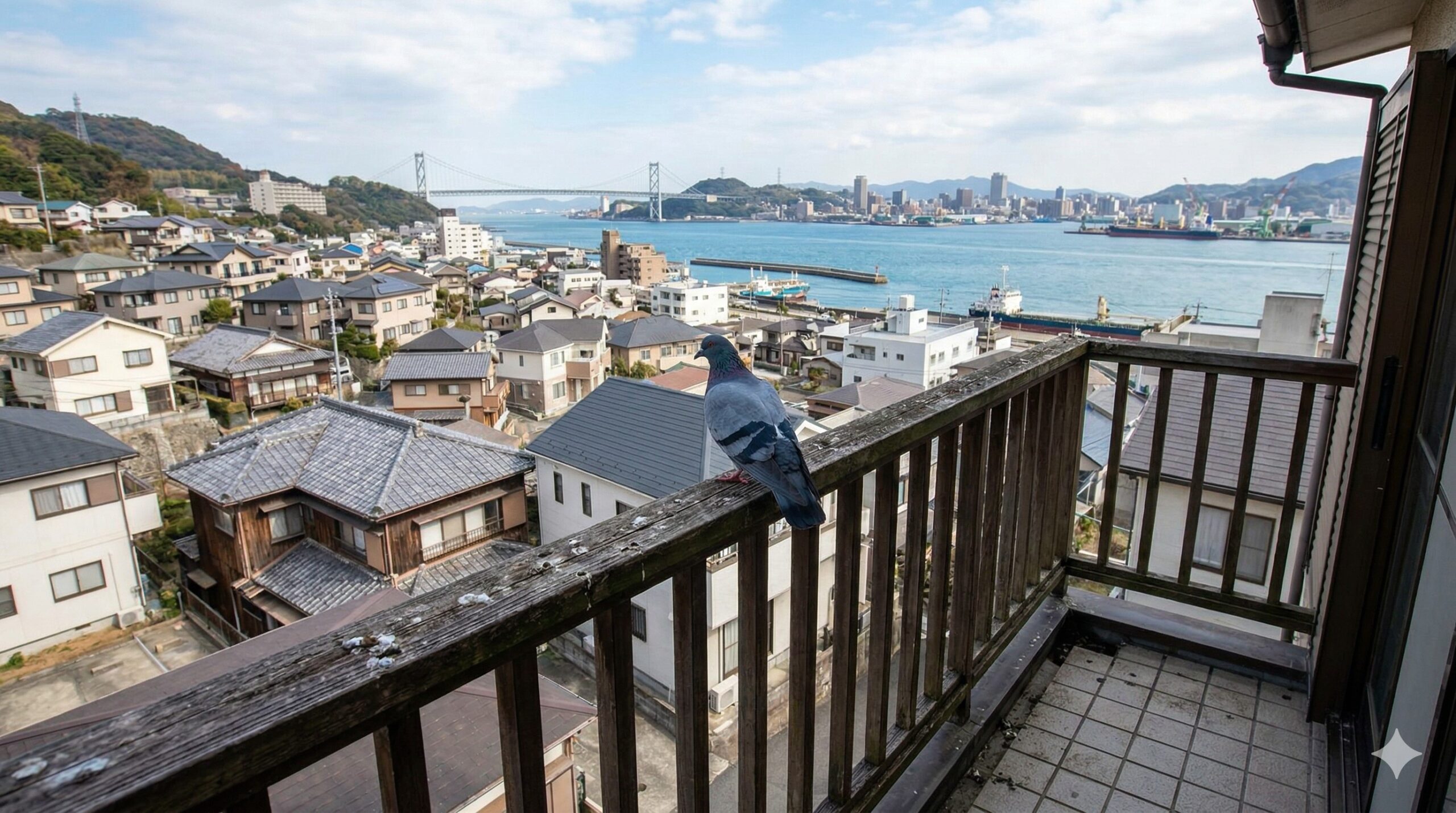 関門海峡に近い下関市の沿岸部で、ベランダの手すりにハトが留まり、家々を見下ろしている様子。