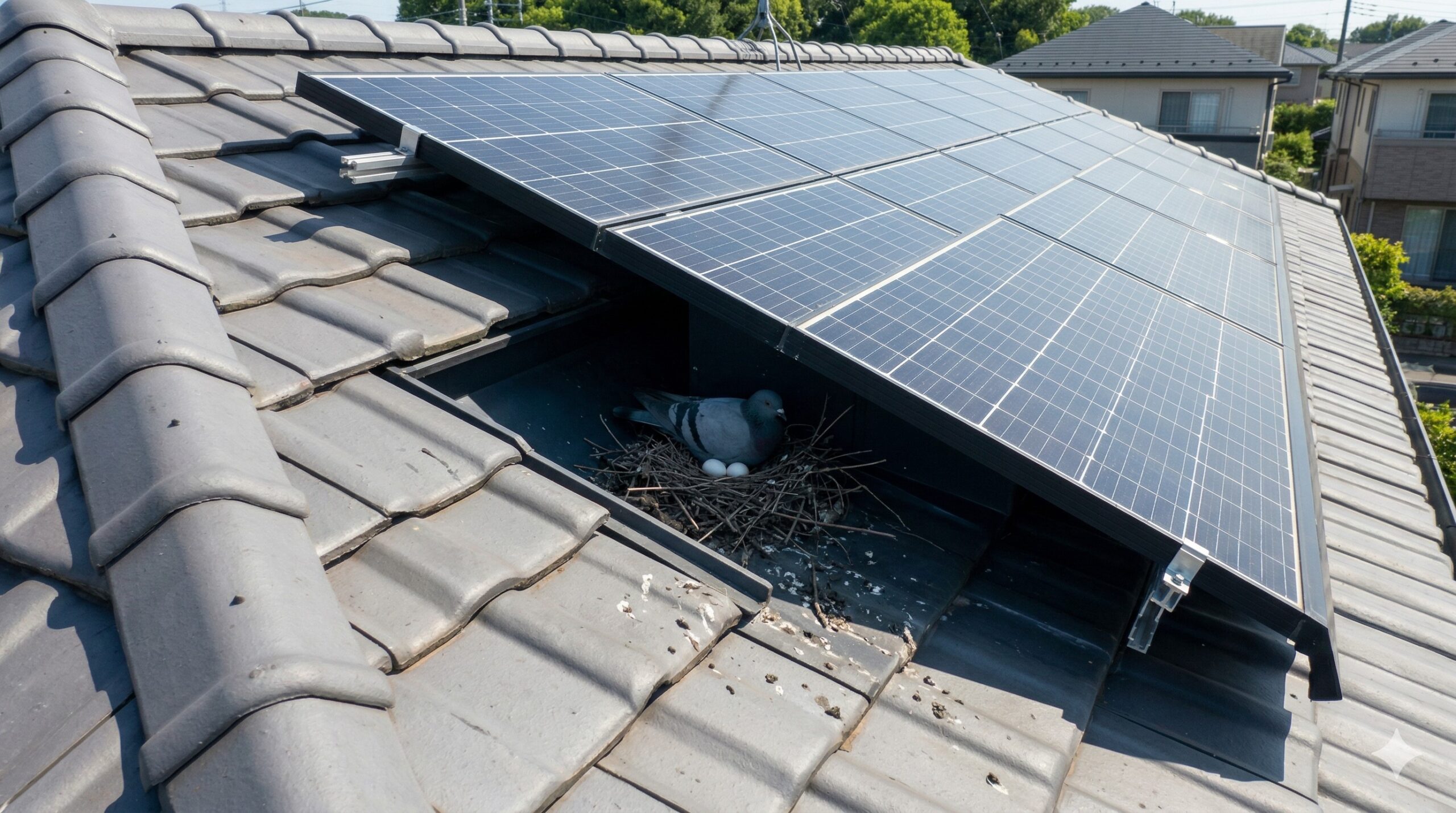 一軒家の屋根に取り付けられた太陽光パネルの狭い隙間に、ハトが入り込んで巣を作っている様子。