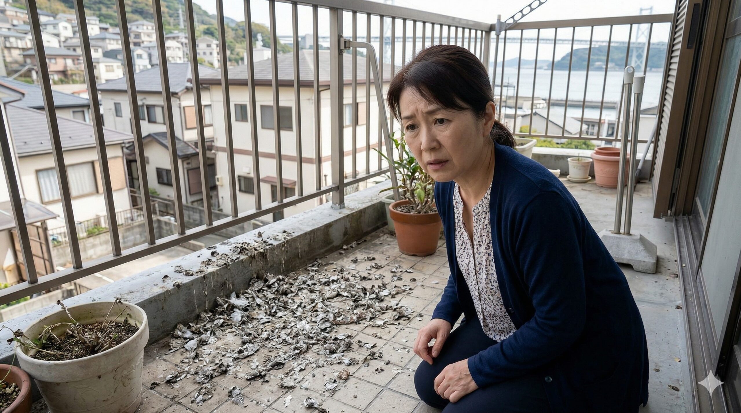 下関市の一軒家のベランダに溜まった乾燥したハトのフンと、それを心配そうに見つめる日本人女性。