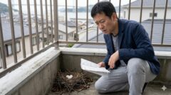 ベランダの隅に作られたハトの巣に卵があるのを見つけ、困惑した表情で法律について考える日本人の住人。