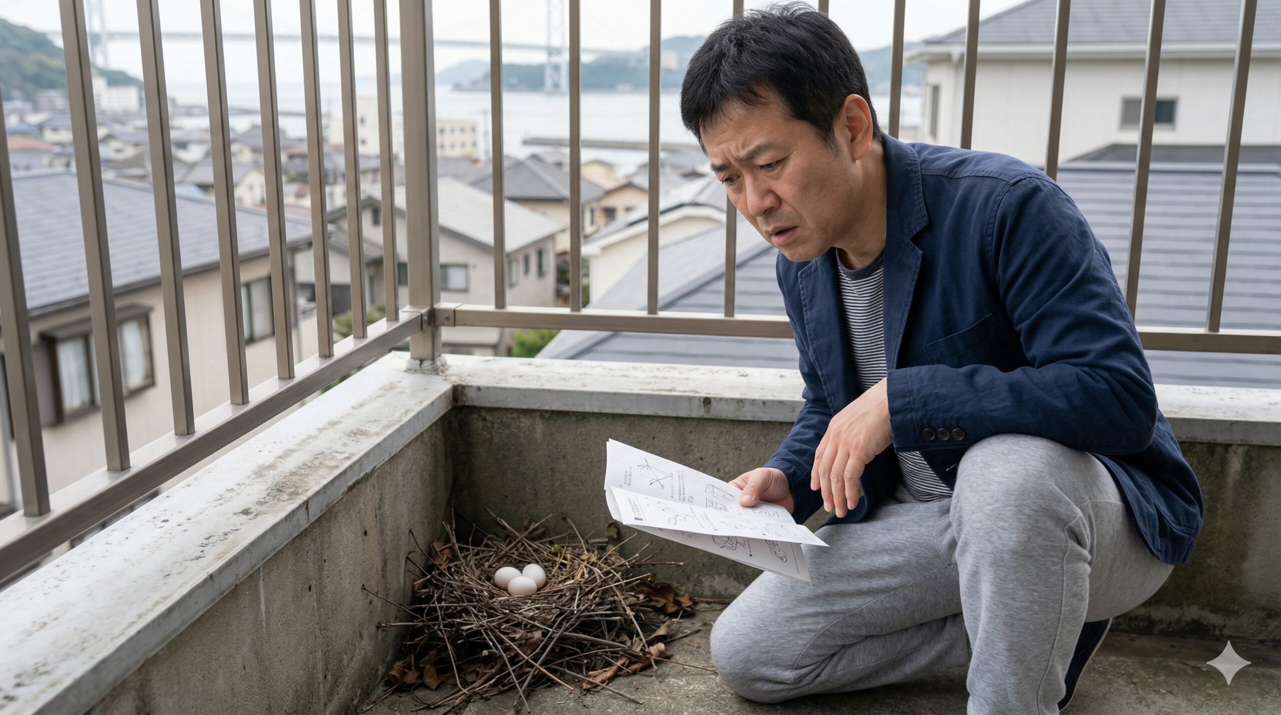 ベランダの隅に作られたハトの巣に卵があるのを見つけ、困惑した表情で法律について考える日本人の住人。