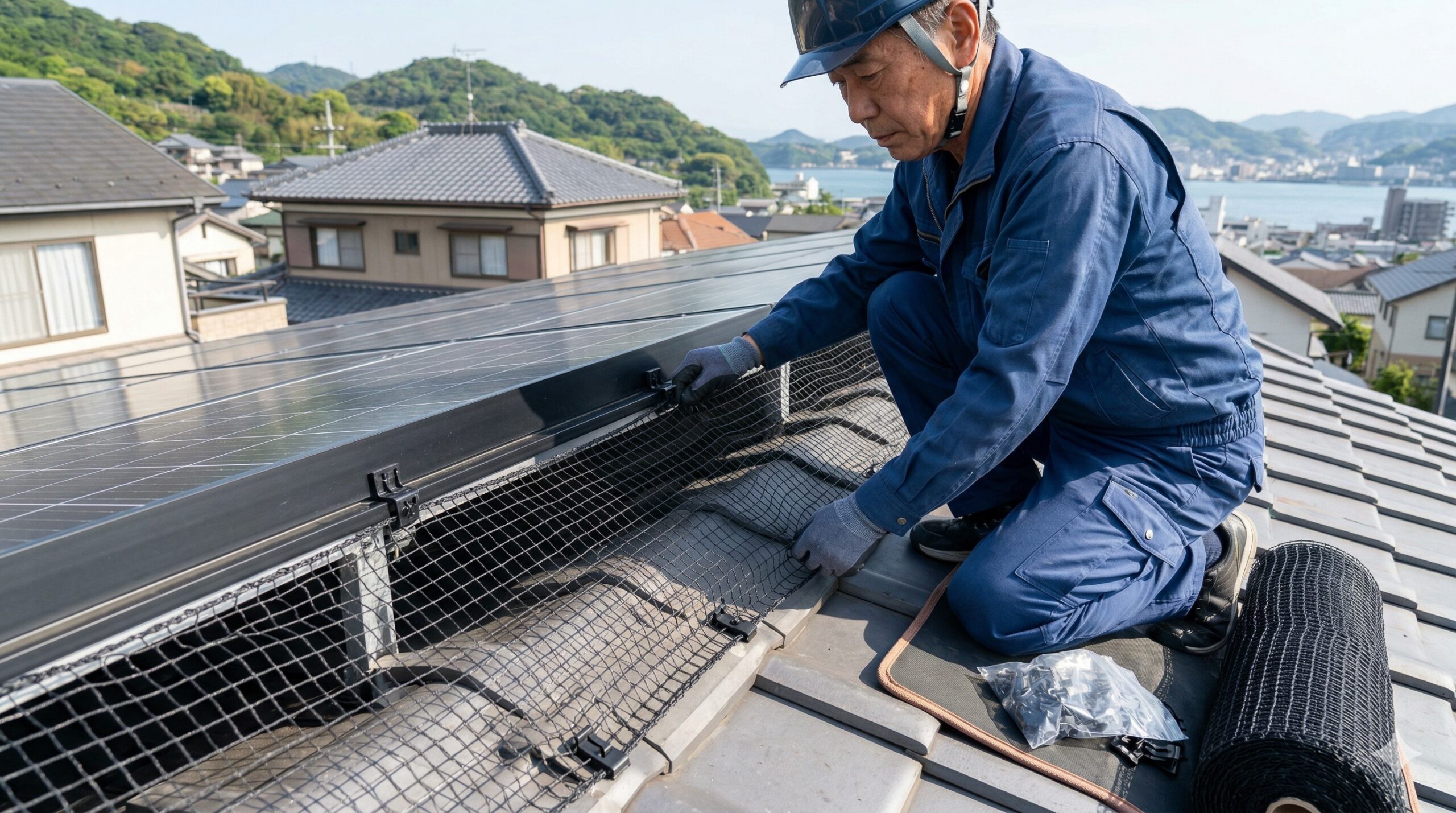 下関市の一軒家で、日本人作業員が太陽光パネルの下の隙間に専門的な防鳥ネットを隙間なく取り付けている様子。