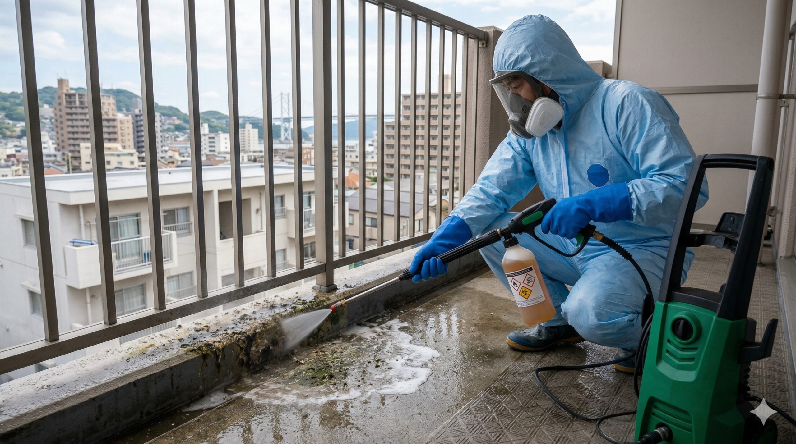 防護服を着用した日本人作業員が、高圧洗浄機と専用の薬剤を使ってベランダにこびりついたハトのフンを徹底的に清掃・除菌している様子。