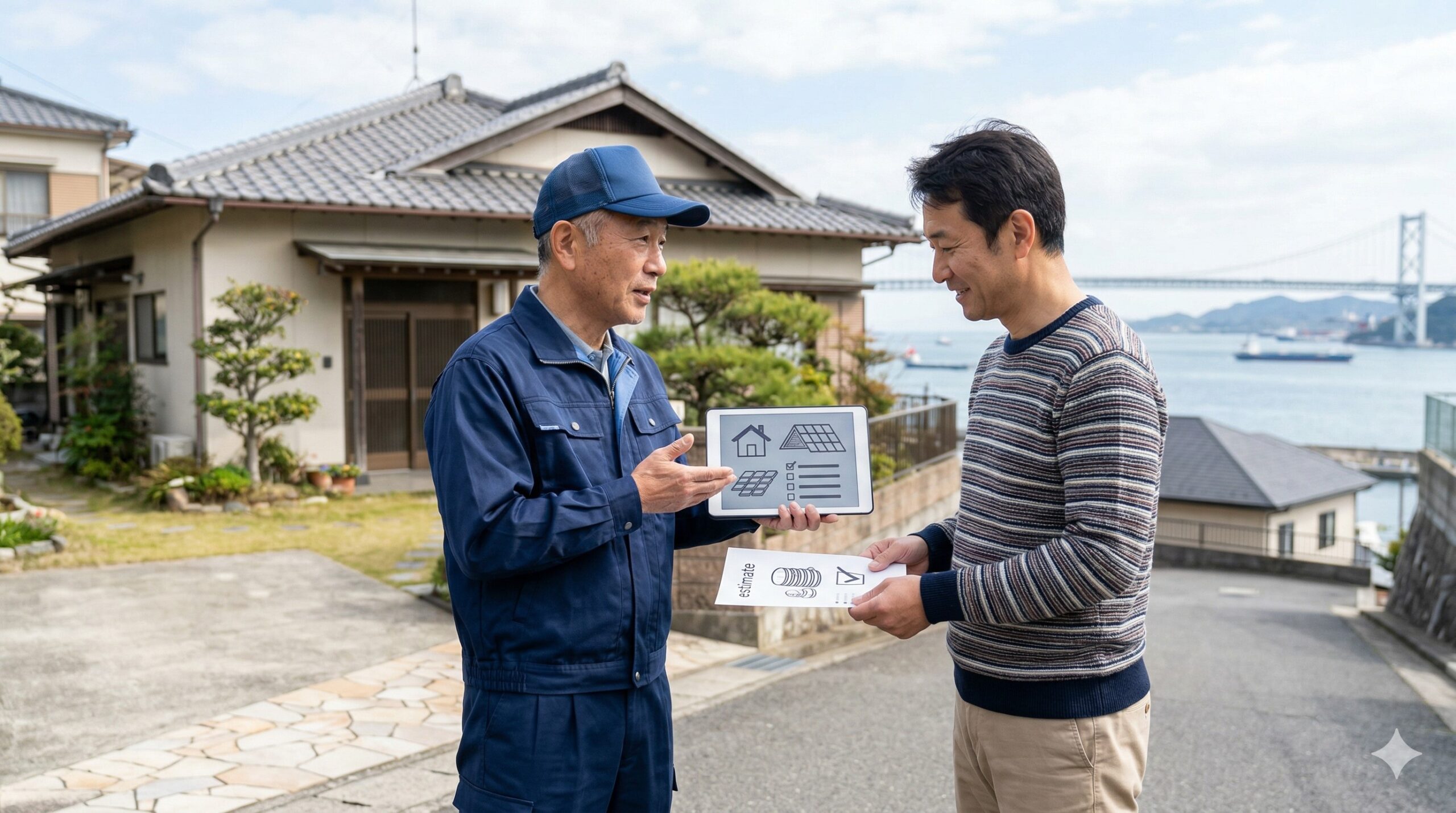 下関市の一軒家で、日本人作業員がタブレットを使って屋根の状況を説明し、住人の日本人男性に無料の見積もり書を提示している様子。