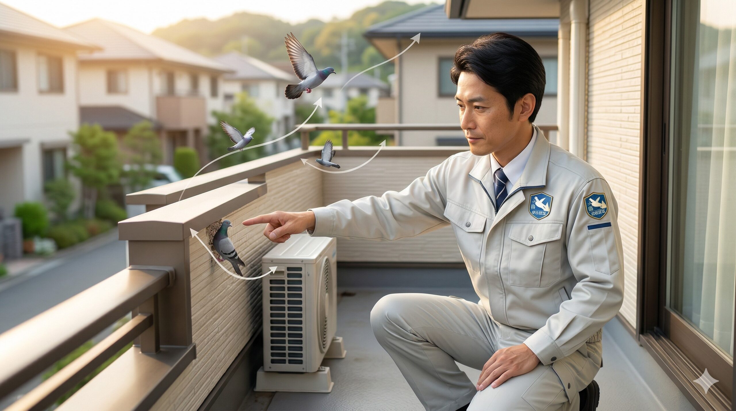 福岡県新宮町の住宅で、鳩が好むベランダの死角やエアコン室外機裏の環境を点検する、経験豊富な日本人専門家。
