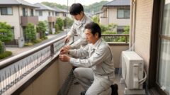 福岡県新宮町の住宅で、ベランダ全体に高所作業用の緻密な防鳥ネットを設置する、訓練された日本人専門家チーム。