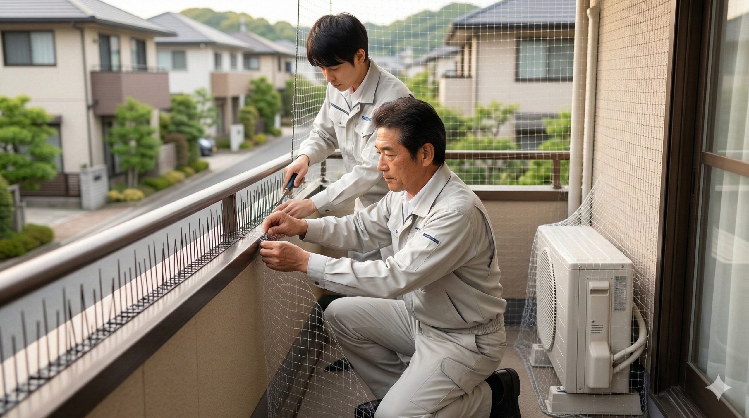 福岡県新宮町の住宅で、ベランダ全体に高所作業用の緻密な防鳥ネットを設置する、訓練された日本人専門家チーム。
