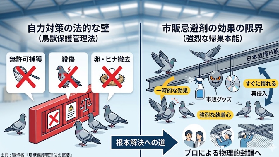 鳥獣保護法によるハト駆除の制限と自力対策の限界