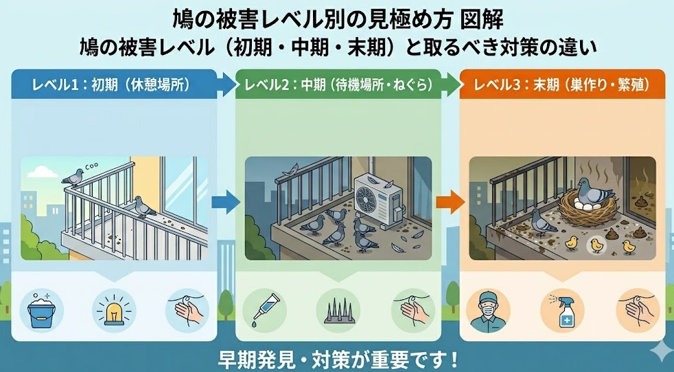 鳩の被害レベル（初期・中期・末期）と取るべき対策の違い