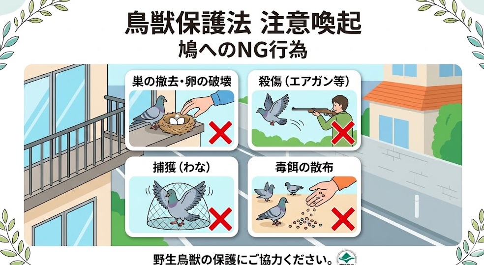 鳥獣保護法で禁止されている鳩へのNG行為