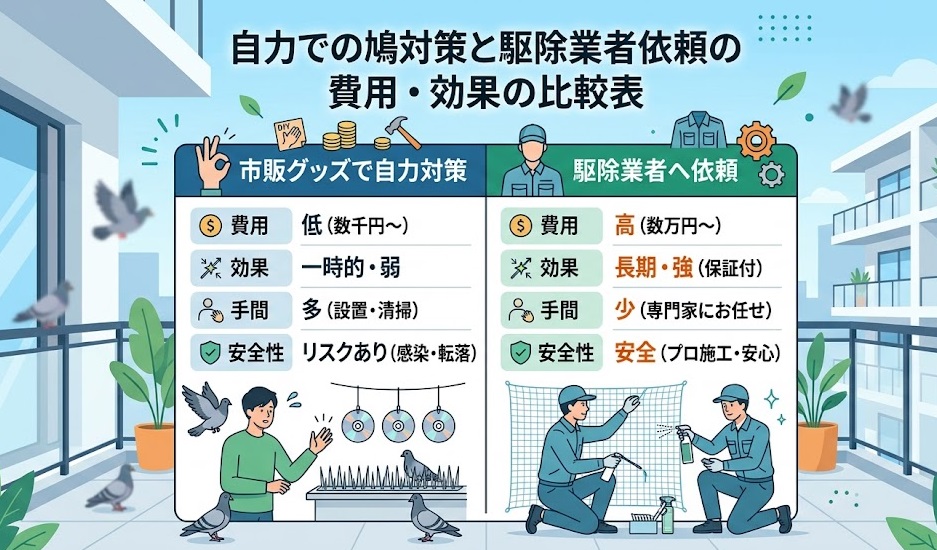 自力での鳩対策と駆除業者依頼の費用・効果の比較表
